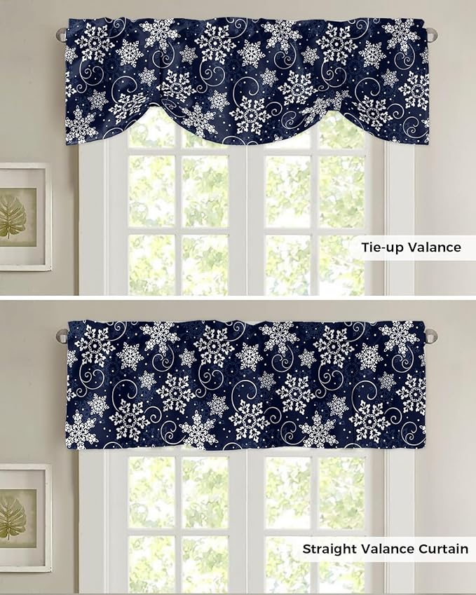 Christmas Blackout Tie Up Valance Curtains for Kitchen Windows White Navy Snowflakes Pattern Window Toppers Balloon Shades for Living Room/Bathroom/Bedroom,1 Panel, 60" X 18", Winter