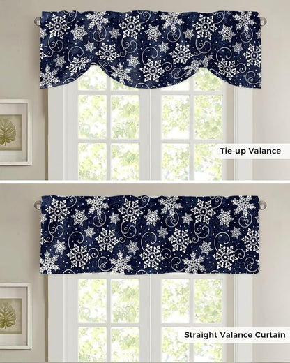 Christmas Blackout Tie Up Valance Curtains for Kitchen Windows White Navy Snowflakes Pattern Window Toppers Balloon Shades for Living Room/Bathroom/Bedroom,1 Panel, 42" X 18", Winter