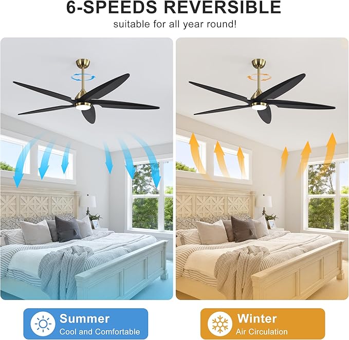 54 Inch Modern Ceiling Fan with Lights and Remote, 5 Wood Blades, 6-Speed Noiseless Reversible DC Motor with Replaceable Downrods for Bedroom Living Room Dining Room, Gold and Black.