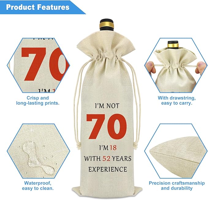 70th Birthday Gift 70th Wine Bag 70 Years Old Birthday Gifts for Women Men Party Decoration Wine Bottle Bag Happy 70th Birthday Gifts for Grandmother Grandpa Wife Husband Aunt Friend Retirement Gift