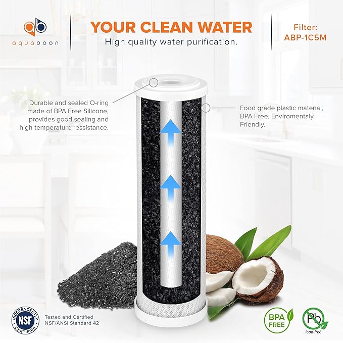 Aquaboon 5 Micron Water Filter 10 x 2.5 - Premium Carbon Block Water Filter - Carbon Water Filter Cartridges - Whole House Water Filter Cartridge Replacement Compatible with FXWTC, WFPFC8002, 25 Pack
