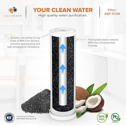Aquaboon 5 Micron Water Filter 10 x 2.5 - Premium Carbon Block Water Filter - Carbon Water Filter Cartridges - Whole House Water Filter Cartridge Replacement Compatible with FXWTC, WFPFC8002, 25 Pack