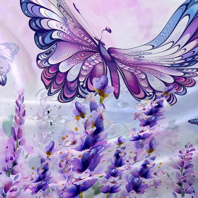 AILONEN Girls Butterfly Shower Curtain for Bathroom,Purple Blooming Lavender Flower Floral Butterfly Printed Bath Curtain 72" W*96" H Polyester Fabric Waterproof Bathroom Curtain with 12 Hooks