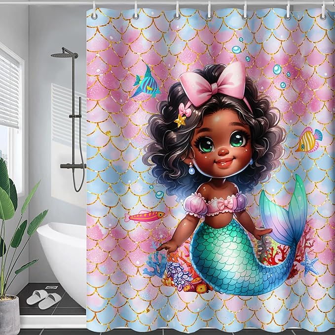 AILONEN Mermaid Shower Curtain,Cute Black Girls Mermaid Bath Curtain for Kids Girls,Ocean Fish Pink Mermaid Scale Print Shower Curtain for Bathroom Decor Waterproof with 12 Plastic Hooks, 72" W*72" H