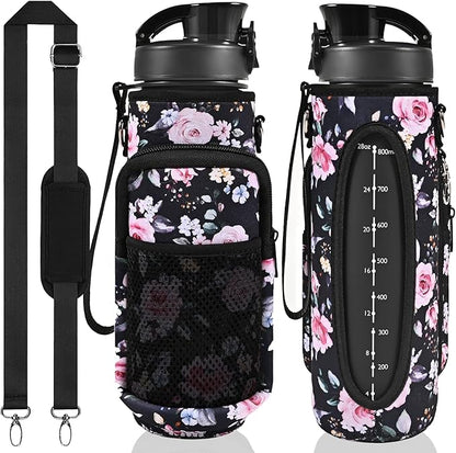 32 oz Water Bottle with Straw and Sleeve, Motivational Water Bottle with Time Marker and Adjustable Shoulder Strap, BPA Free Leakproof Sport Water Jug for Hiking, Gym
