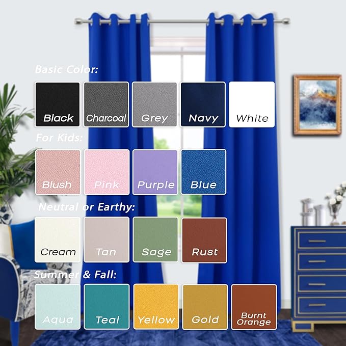 Mrs.Naturall Royal Blue Curtains for Bedroom,Blackout Short Medium Cobalt Blue Curtains for Kitchen Teen Boys Room Decor Bathroom Set of 2 Panels