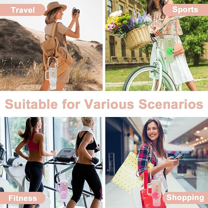 7PCS Water Bottle Cup Accessories Set for Stanley Cup 40oz & 30oz Tumbler, Including Water Bottle Handle Strap, Silicone Cup Boot, Silicone Straw Cover, Keychain Charms(White)