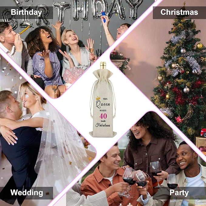 40th Birthday Gift Forty Birthday Gift for Women Mom 40th Female Milestone Gift Turning 40 Years Old Gift Drawstring Wine Wrap Bag Christmas Birthday Valentine's Day Gift for Sister Teacher Friend