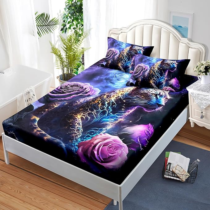 AILONEN Leopard Fitted Sheet Set Queen Size, Purple Flower and Cheetah Bed Sheet Set Leopard Print Fitted Sheet with 2 Pillowcases,3 Pieces Leopard Sheets Set for Boys Girls