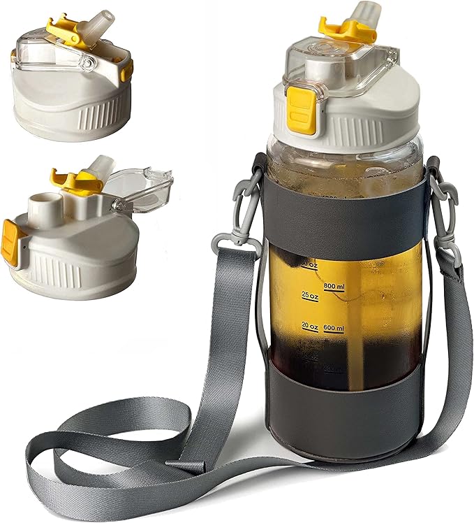 48oz Borosilicate Glass Water Bottle with Straw and Time Marker, Large Sport Water Jug with Adjustable Strap for Men Women (White)