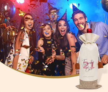 21th Birthday Wine Bag, Cotton Linen Wine Gift Bag With Drawstring, Wine Champagne Bottle Gift Bag, 21st Birthday Gifts Wine Bag for Woman Her Girl Friend Sister, 21th Birthday Party Favors-14