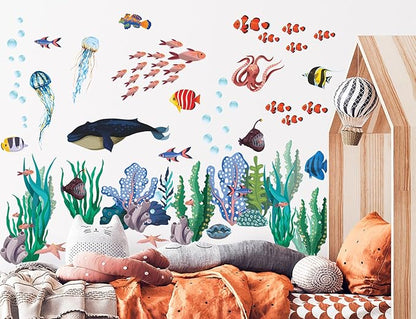 6 Sheets Under The Sea World Wall Decals Ocean Animals Wall Decals Removable DIY Watercolor Whale Jellyfish Fish Starfish Seaweed Ocean Grass Decor for Kids Living Room Bedroom Bathroom Decor