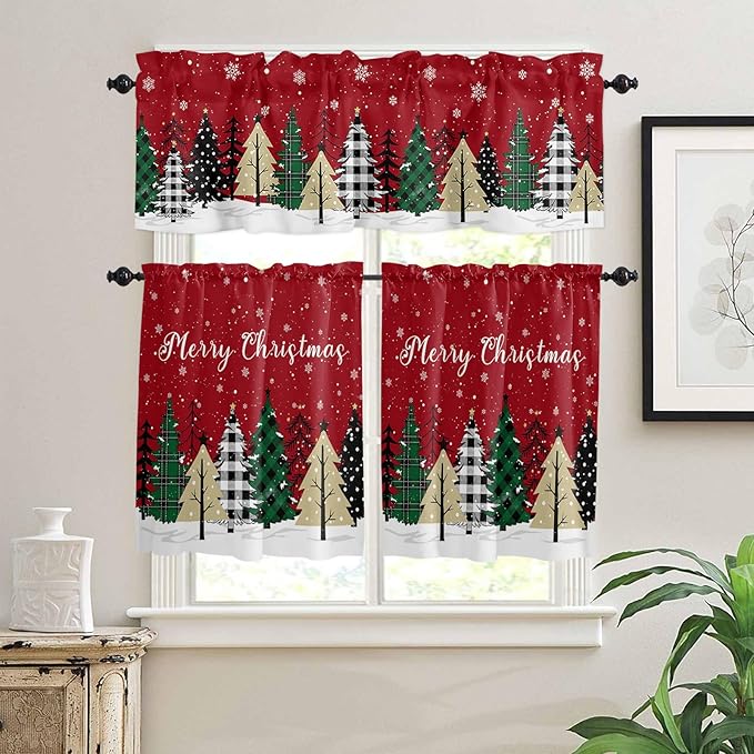 Red Merry Christmas Kitchen Curtains and Valances Set, Green Christmas Tree Windows Treatments Tiers Half/Short Curtains for Small Windows Cafe /Living Room/ Bedroom 54x36 in White Snow Forest Winter