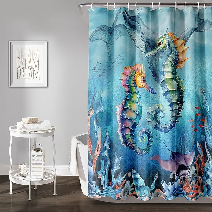 AILONEN Seahorse Shower Curtain for Bathroom,Watercolor Seahorse Bath Curtain,Blue Ocean Animal Whale Coral Fish Shower Curtain Waterproof with 12 Plastic Hooks, 72" W*78" H
