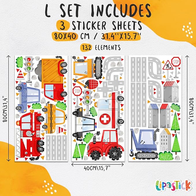 Large Car Wall Decals for Kids by Lipastick - 132 pcs Transports Wall Stickers Peel and Stick Truck Stickers - Wall Decals for Boys Kids Baby Room - Construction Cars City Wall Decor Removable L Size