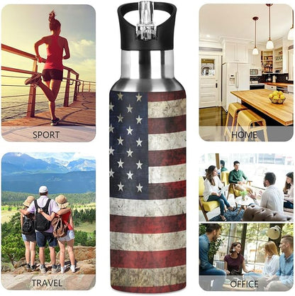 ALAZA American Flag Patriotic Water Bottle With Straw Lids Boys Girls,Vacuum Insulated Leakproof Stainless-Steel Sports Bottle Thermal Flask For Gym Yoga Camping,20Oz (600Ml)