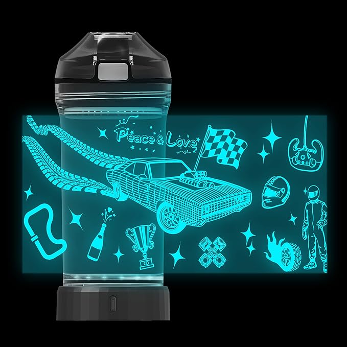 Boys Water Bottles, Car 3D Glowing Drink Bottle with Led Light -Tritan BPA Free & Easy Clean & Carry Handle, 14oz, Car Gifts for Birthday, Christmas, Back to School for Boys Girls Teens