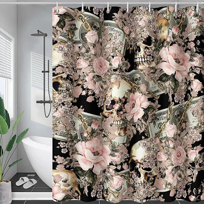 AILONEN Sugar Skull Shower Curtain for Bathroom,Romantic Rose Flower Bath Curtain for Girls Women,Money Skull Skeleton Print Waterproof Curtain with 12 Plastic Hooks, 72" W*96" H