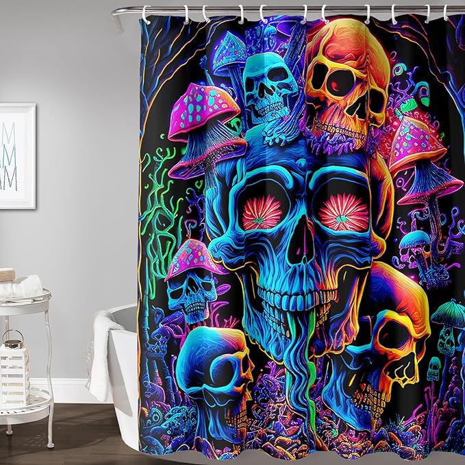AILONEN Mushroom Skull Shower Curtain for Bathroom,Purple Mushroom Skull Bath Curtain,Fantasy Fairy Skull Skeleton Decoration Bathroom Waterproof Shower Curtain with 12 Plastic Hooks, 72" W*84" H