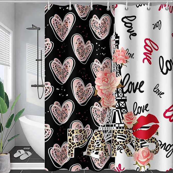 AILONEN Heart Love Shower Curtain for Bathroom, Black and White Eiffel Tower Print Bath Curtain,Pink Hearts Girls Women Shower Curtain Decoration Waterproof with 12 Plastic Hooks, 72" W*78" H