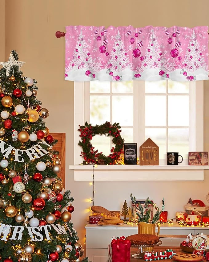 Pink Christmas Valance Curtains for Kitchen Windows White Xmas Tree Snowflakes Pink Balls Rod Pocket Window Treatment Toppers for Kitchen/Living Room/Bedroom/Bathroom, 42" X 12", Winter