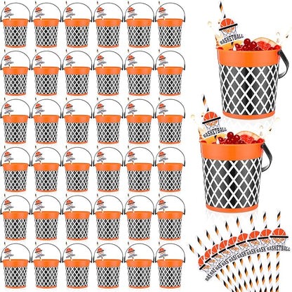 36 Pcs 32oz Basketball Party Favors Rum Buckets Plastic Basketball Cocktail Buckets for Drinks Plastic Ice Pail Bulk with Handle and Straw Reusable Punch Bowls for Drinkware Beer Beverage