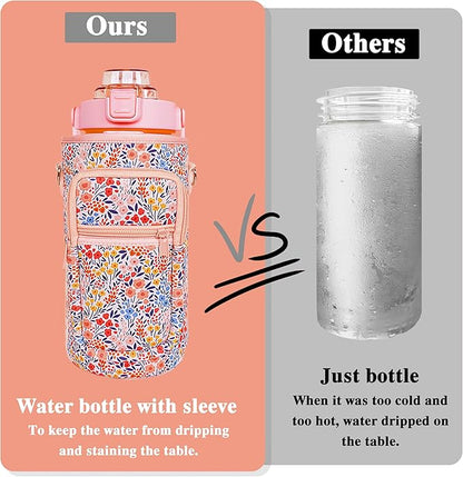 64 oz Water Bottle with Straw Sleeve & Strap Motivational Half Gallon Water Jug with Handle for Gym Women Men Aesthetic Water Bottle with Strap Floral
