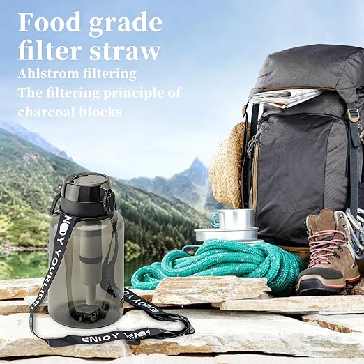 40 OZ Water Filter Bottle with 3-Stage Filtration - Ideal for Survival, Camping, Hiking, Backpacking, and Emergency - Portable&Reusable Filtered Water Bottle with Strap - Black