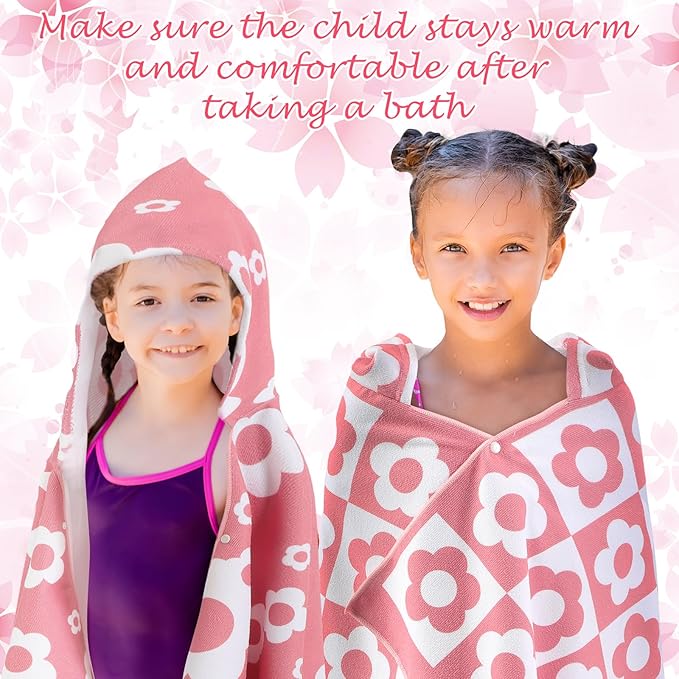 2 Pcs Flower Kids Hooded Bath Towel 50 x 30 Kids Hooded Beach Bath Towels Pink Microfiber Girls Bath Towels Pool Beach Towel Wrap for 3-12 Years Girls Toddlers Swimming Cover up 2 Design