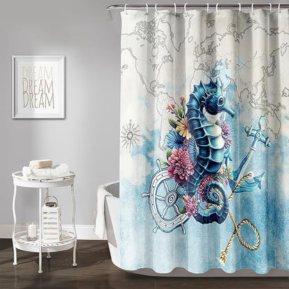 AILONEN Seahorse Shower Curtain for Bathroom,Nautical Coast Retro Map Ocean Bath Curtain 36" W*72" H,Blue Sea Animal Print Decorative Waterproof Curtain with 12 Plastic Hooks