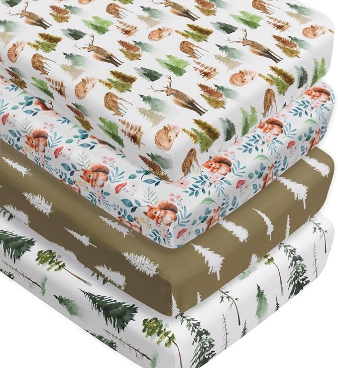 4 Pack Woodland Forest Animals Wood Neutral Unisex Fitted Baby Crib Sheets Set for Baby Boys or Girls (Cartoon Fox, 52 * 28)
