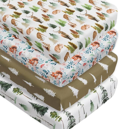 4 Pack Woodland Forest Animals Wood Neutral Unisex Fitted Baby Crib Sheets Set for Baby Boys or Girls (Cartoon Fox, 52 * 28)