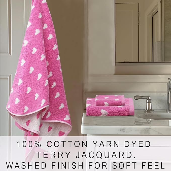 6 Piece Towel Set - Bath Time Hearts - 2 Bath Towels, 2 Hand Towels, 2 Washcloths in Bonus Tote Bag - 100% Cotton Jacquard Colorful Soft Absorbent Pool Beach Kids Towel Gift - Pink White