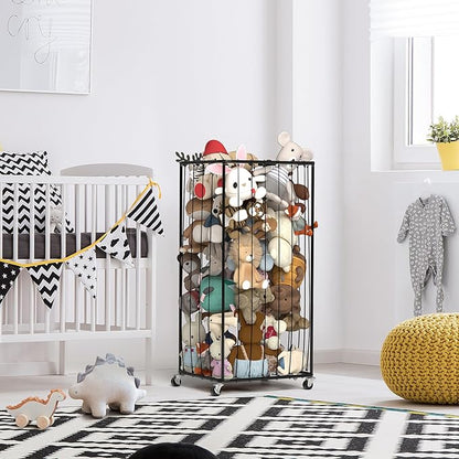 210L Stuffed Animal Organizer Plush Toy Storage Organizer Toy Storage Basket, Kids Toy Storage Bins with Wheels, Metal Frame and Elastic Cord Design, Suitable for Storage of Any Stuff