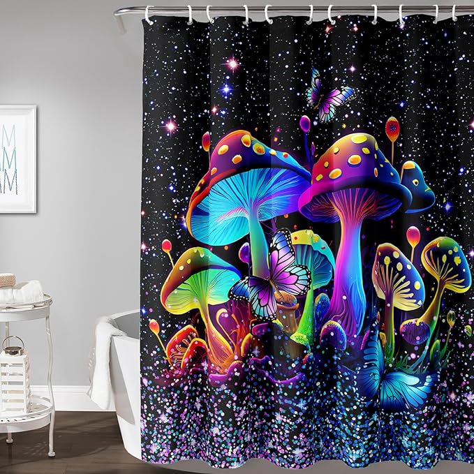 AILONEN Mushroom Shower Curtain for Boys Girls, Cartoon Mushroom Bath Curtain 36" W*72" H Colorful Sky Starry Bathroom Curtain Polyester Waterproof Plant Fungus Bathroom Curtain with 12 Hooks