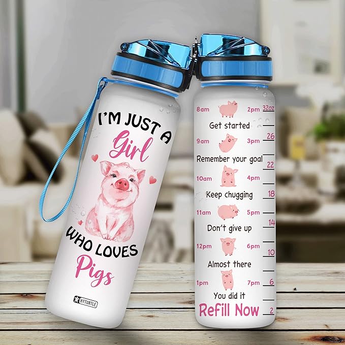 Hyturtle Pig Water Bottle - 32 Oz 1Liter Motivational Bottle With Time Marker, Just A Girl Who Loves Pigs Water Bottle Gifts For Daughter Farm Girl Animal Lover Christmas Birthday