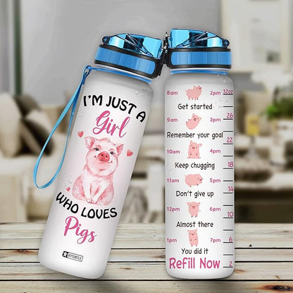 Hyturtle Pig Water Bottle - 32 Oz 1Liter Motivational Bottle With Time Marker, Just A Girl Who Loves Pigs Water Bottle Gifts For Daughter Farm Girl Animal Lover Christmas Birthday
