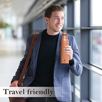 Eunoia Copper Water Bottle with Lid 32 oz, Handmade Ayurvedic Copper Bottle Water Vessel, Gym Water Bottle for Sports Exercise Yoga Fitness, Hammered Natural