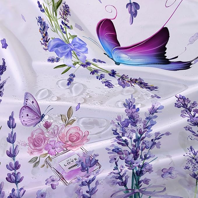 AILONEN Girls Butterfly Shower Curtain for Bathroom, Blooming Lavender Flower Purple Bath Curtain 72" W*78" H Polyester Fabric Waterproof Bathroom Curtain with 12 Hooks