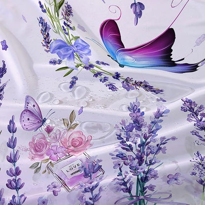 AILONEN Girls Butterfly Shower Curtain for Bathroom, Blooming Lavender Flower Purple Bath Curtain 60" W*72" H Polyester Fabric Waterproof Bathroom Curtain with 12 Hooks