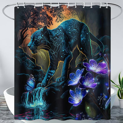 AILONEN Black Panther Shower Curtain,Glowing Panther Print Bath Curtain for Kids Boys Men,Wildlife Forest Cheetah Leopard Waterproof Shower Curtain for Bathroom, 72" W x 72" H