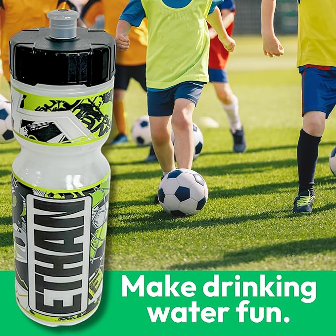 50 Strong Kids Water Bottle | 22 oz. BPA- Free Sports Squeeze Water Bottles with Pull Top Cap |Perfect Water Bottle for School | Reusable & Durable for Boys & Girls | Made in USA (Soccer Star Custom)