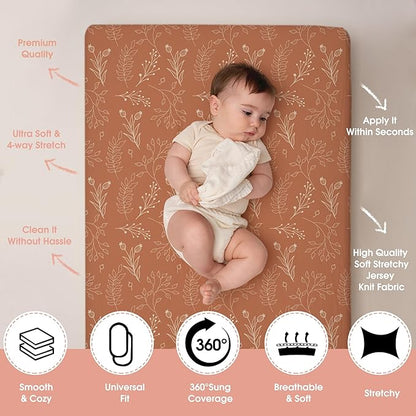 ACRABROS Crib Sheets for Girl Boy: Stretchy Baby Fitted Crib Mattress Sheets Sets 2 Pack Standard Size Ultra Soft Neutral, Fox&Leaf