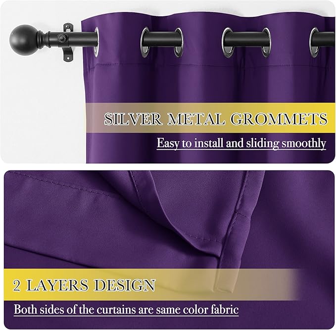 NICETOWN Room Warming 100% Blackout Curtain Panels, Same Color Liner Curtains for Kitchen Room, Noise Reducing and Cold Blocking Drapes for Windows (Set of 2, Royal Purple, 42" Wide by 63" Long)