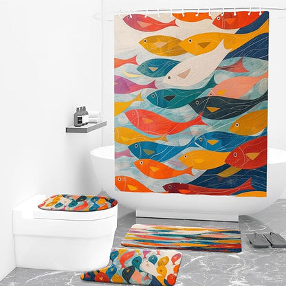 4PCS Fish Shower Curtain Set with 12 Hooks for Bathroom Sets Fish Decor, Non-Slip Rugs and Toilet Mat Lid Rug, Durable Waterproof for Bathroom Abstract Swiming Fish Decor 72x72 Inch