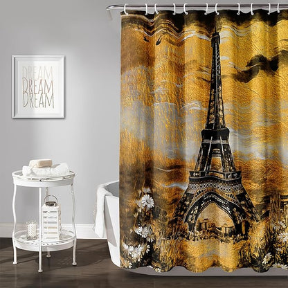 AILONEN Eiffel Tower Shower Curtain,Afterglow Tower Bathroom Fabric Shower Curtain for Boys Kids Teens, 72" W*84" H Vintage Orange & Black Style Paris Tower Bathroom Decor