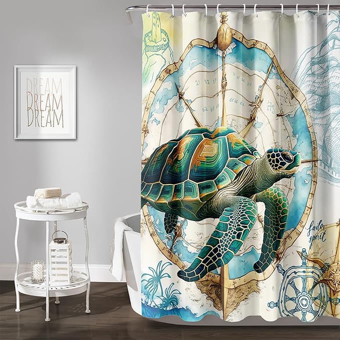 AILONEN 3D Sea Turtle Shower Curtain,Green Sea Turtle Shower Curtain for Bathroom,Nautical Anchor Waterproof Fabric Shower Curtain Set with Hooks,72" W*78" H