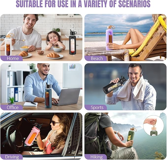 24oz Glass Water Bottle With 2 Lids-Flip Straw Lid, Bamboo Lid, Glass Water Bottle With Silicone Sleeve, Motivational Time Marker, Glass Juice Bottle for Cold Drink,Purple