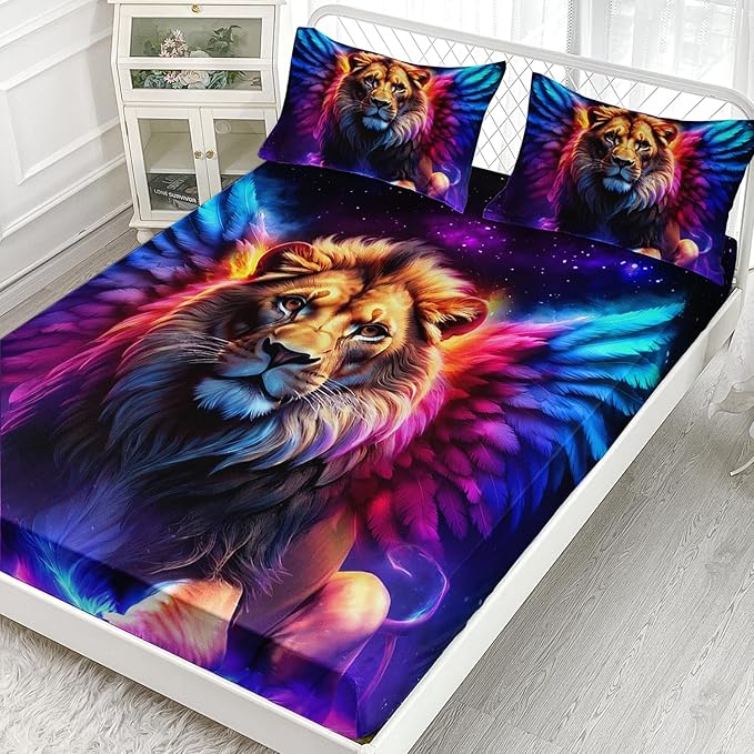 AILONEN Lion Fitted Sheet Set Twin Size, 3 Pieces Printed Evening Starry Wings Lion Bed Sheet Set,Colorful Tie Dye Rainbow Fitted Sheet with 2 Pillowcases