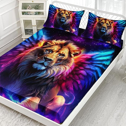 AILONEN Lion Fitted Sheet Set Full Size, 3 Pieces Printed Evening Starry Wings Lion Bed Sheet Set,Colorful Tie Dye Rainbow Fitted Sheet with 2 Pillowcases
